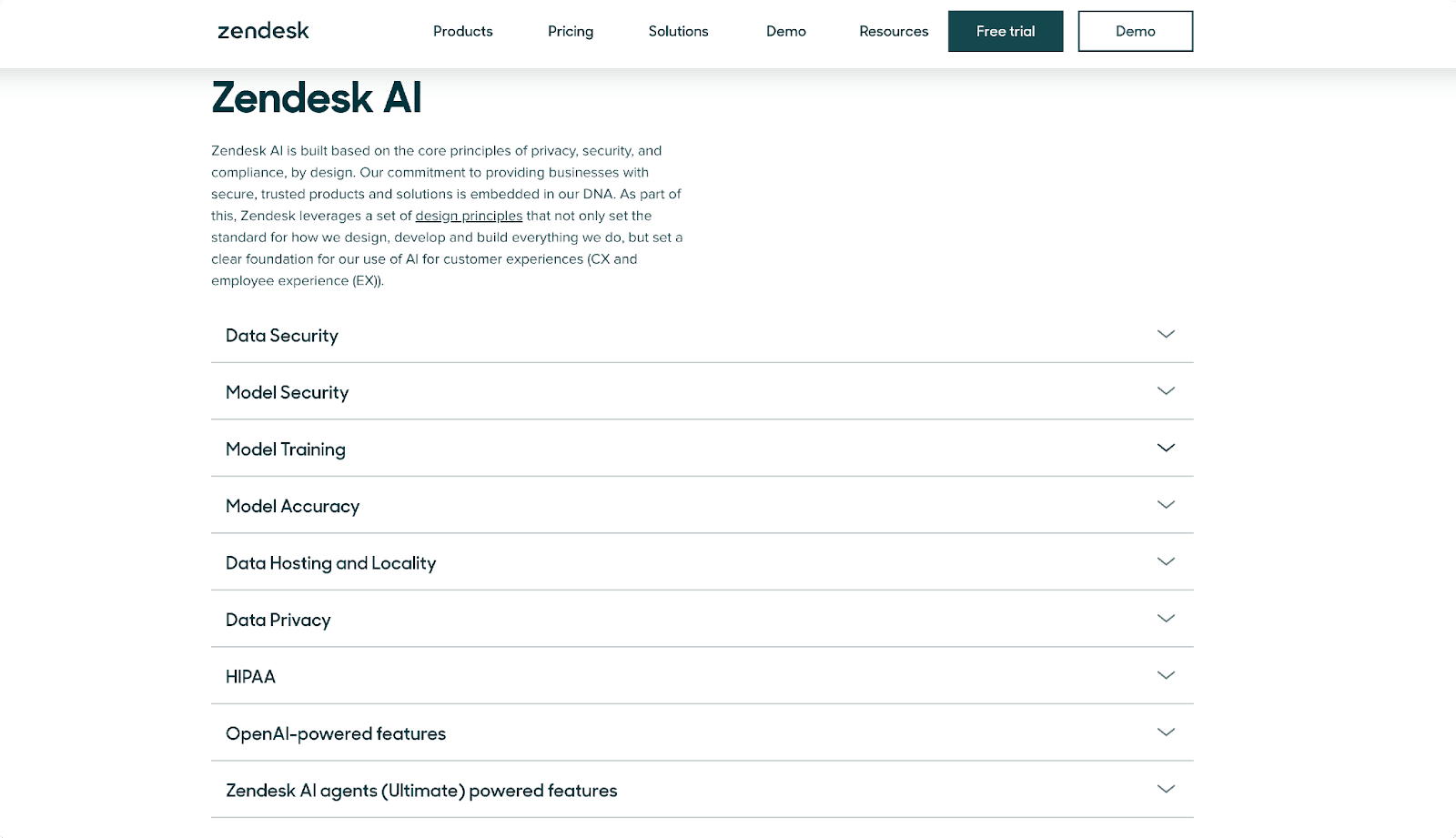 Zendesk AI web page highlighting data security, model training, privacy, and AI features.