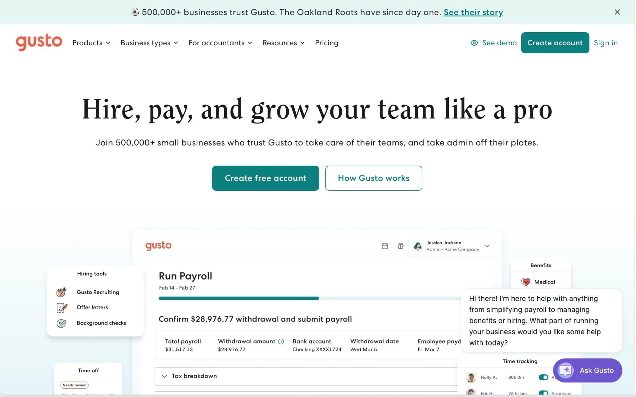 Gusto fintech homepage web design