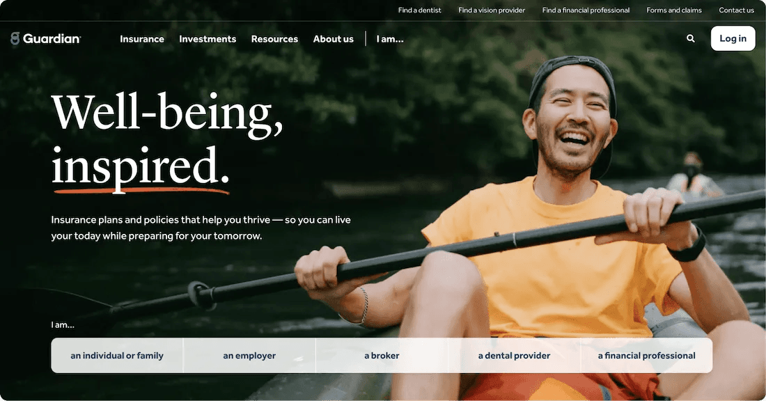 guardian homepage Smiling man in a kayak promoting Guardian's insurance and well-being services.