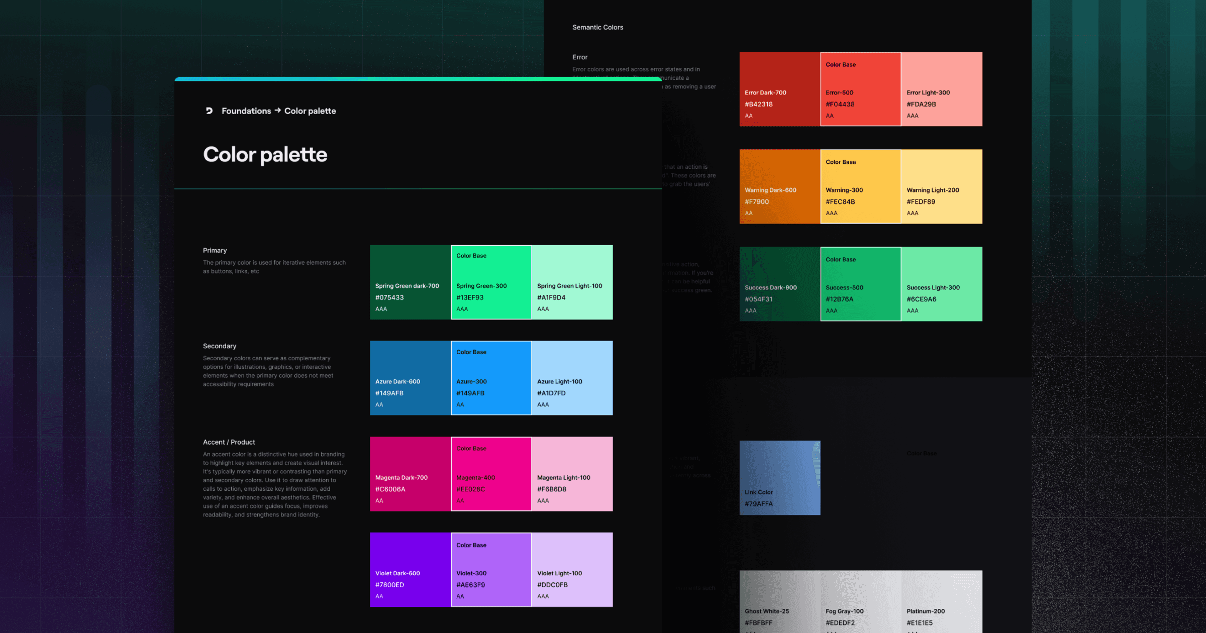 Color palette showcasing primary, secondary, and accent colors with hex codes, presented on a dark background.