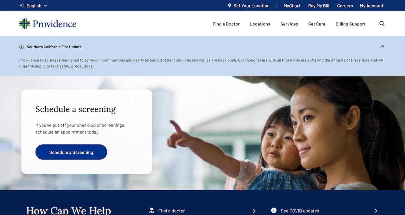 providence hp Homepage of Providence health services with a mother and child, promoting health screenings amid fire updates.