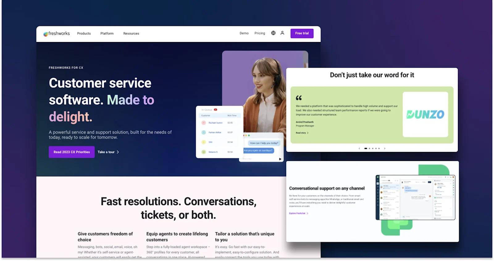 A screenshot of Freshworks' solutions page.