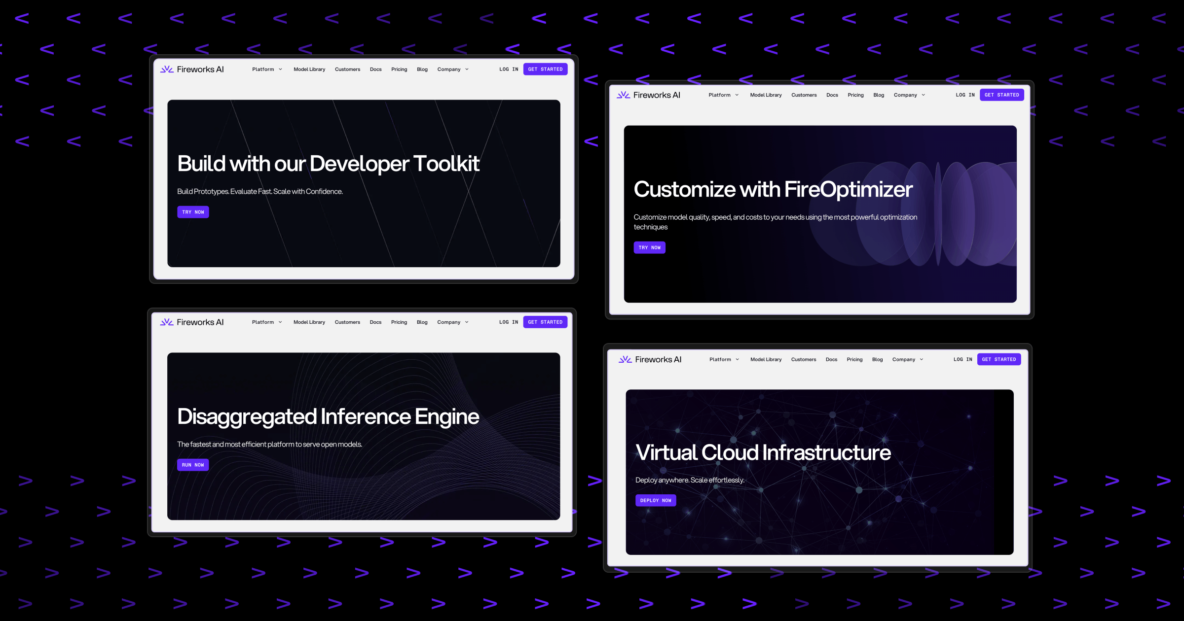 Hero components for some of Fireworks AI's platform pages.