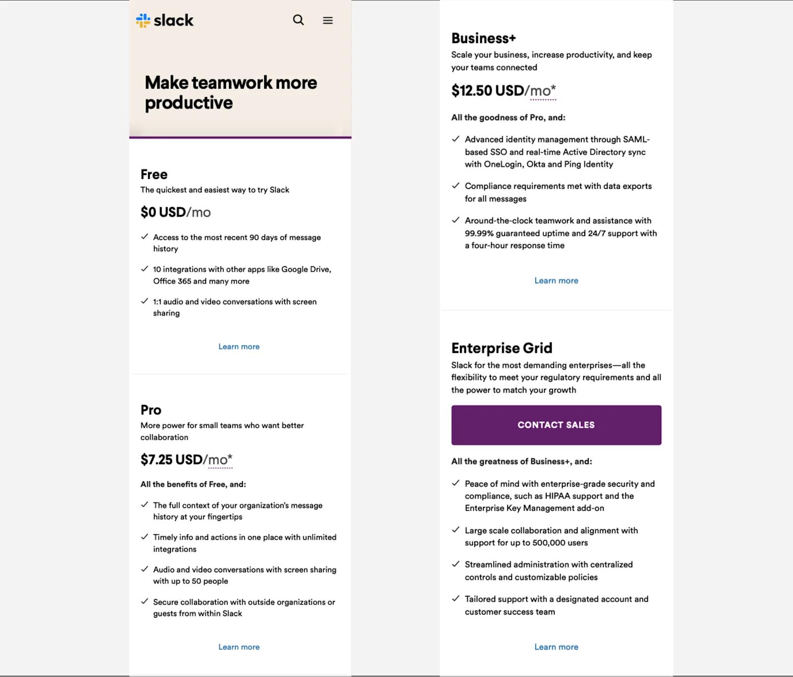 A screenshot from a mobile device of Slack's pricing page.