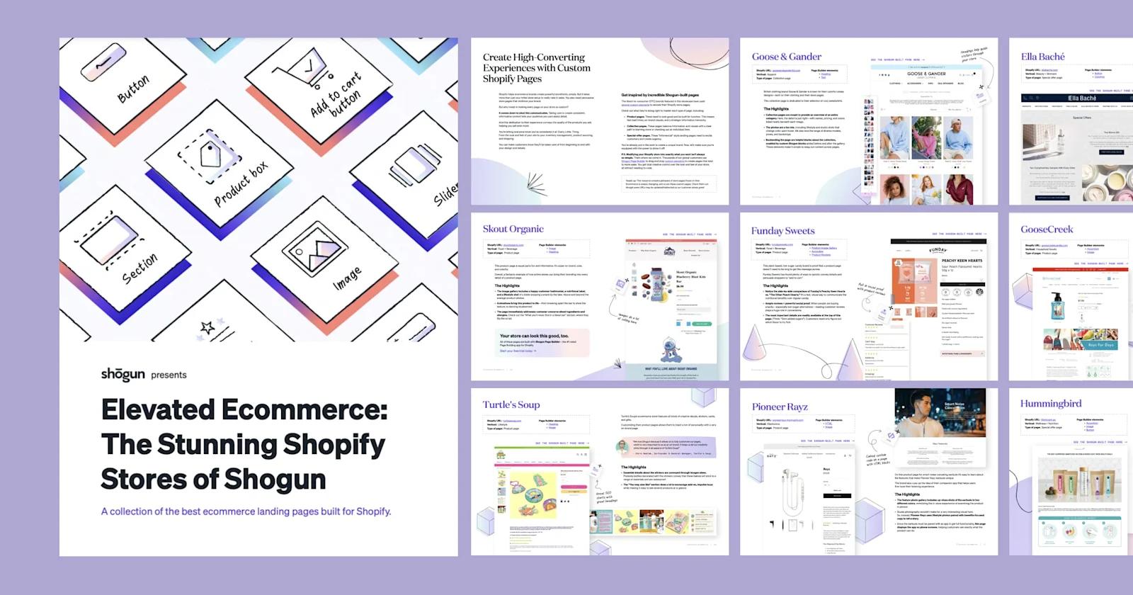 A collage of pages from Shogun's ebook on Shopify stores.