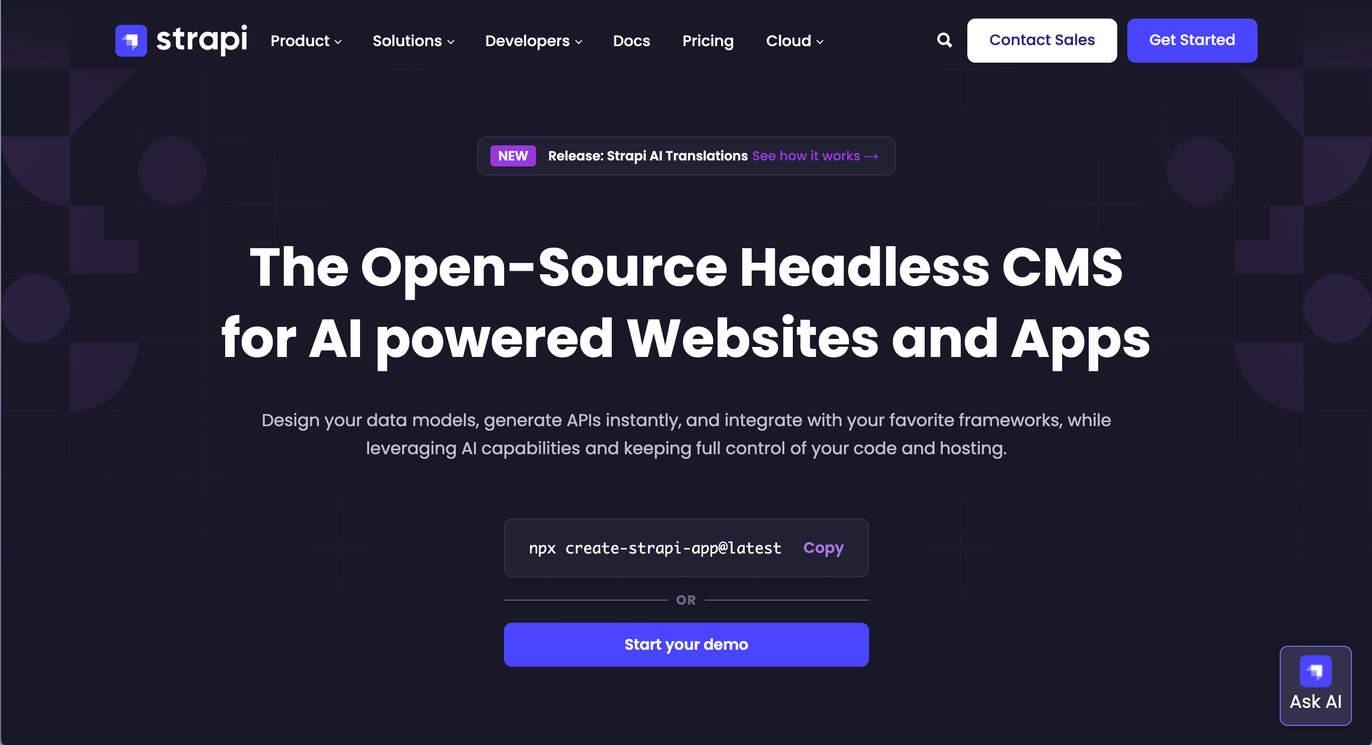 Strapi.io home page.