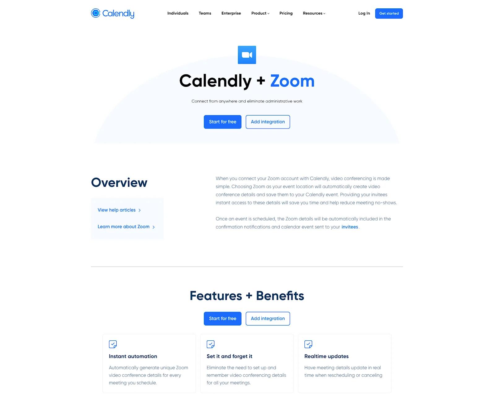 A screenshot of Calendly's Zoom integration landing page.