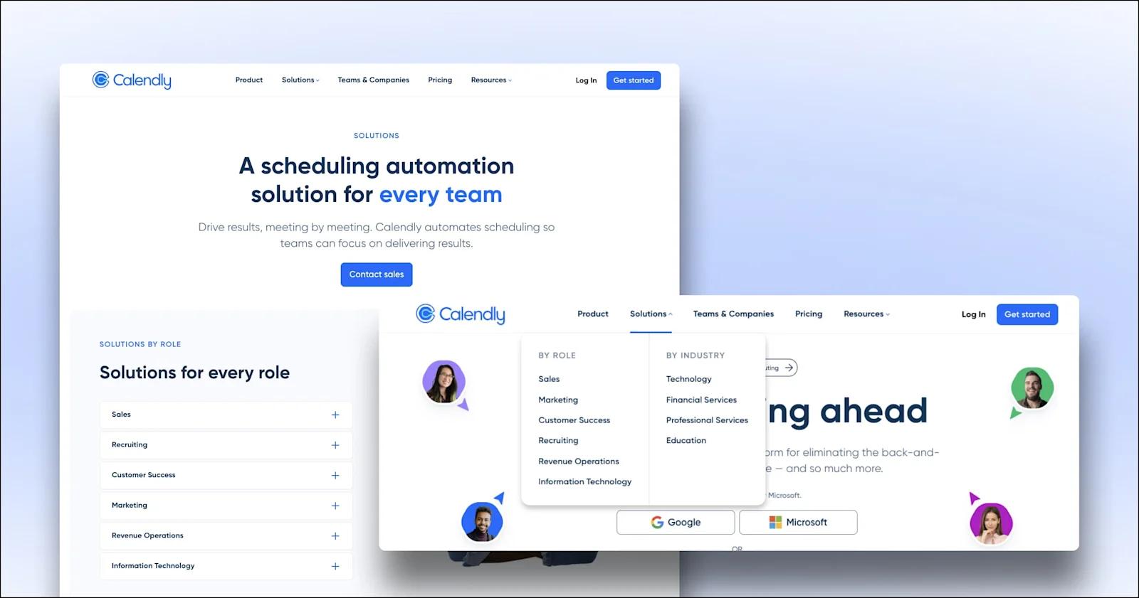 Calendly's nav bar and solutions parent page.