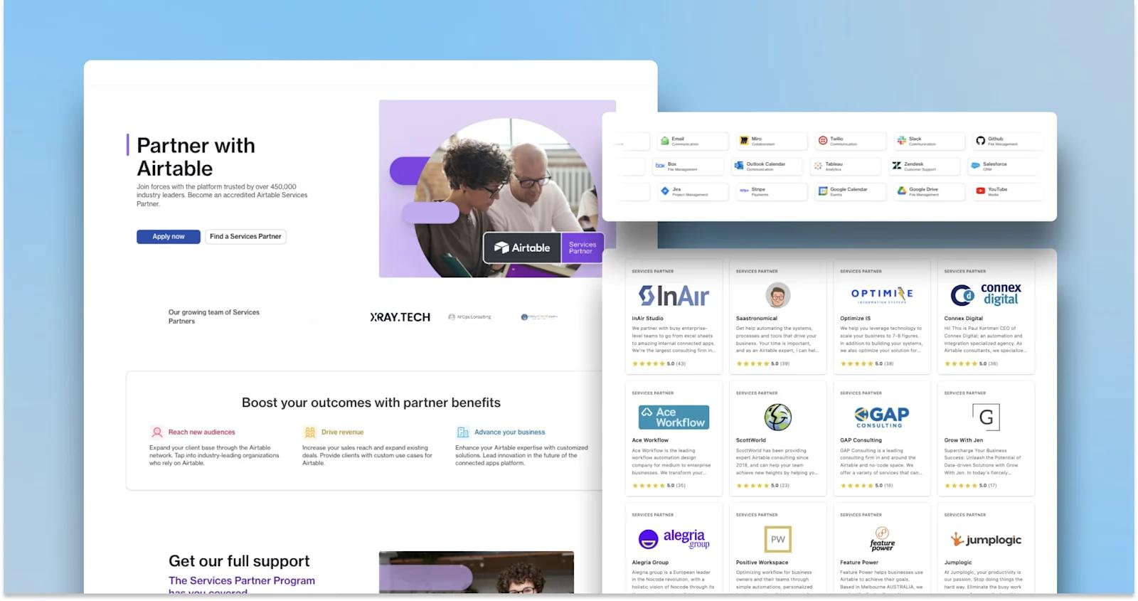 Screenshots of components from the Airtable partners page and partner directory.