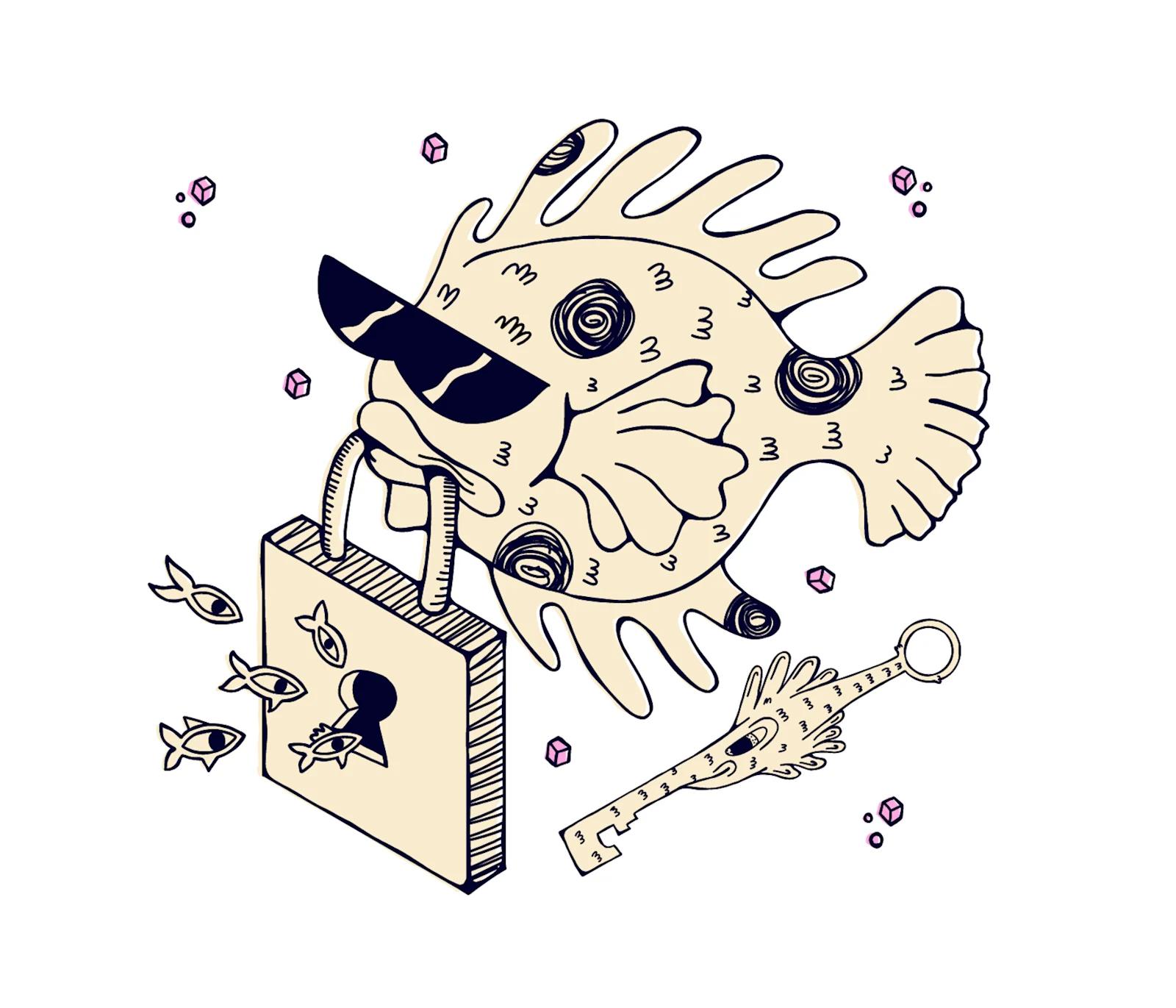 Cartoon Iron Fish with sunglasses and a lock in its mouth.