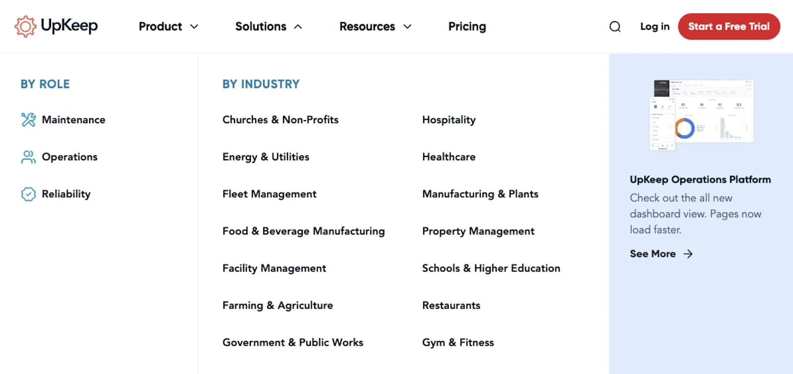 UpKeep's solutions navbar.