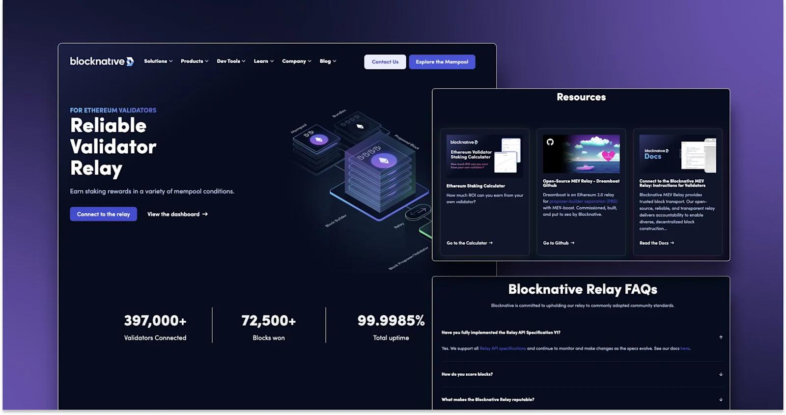 A web3 solutions page example from Blocknative.