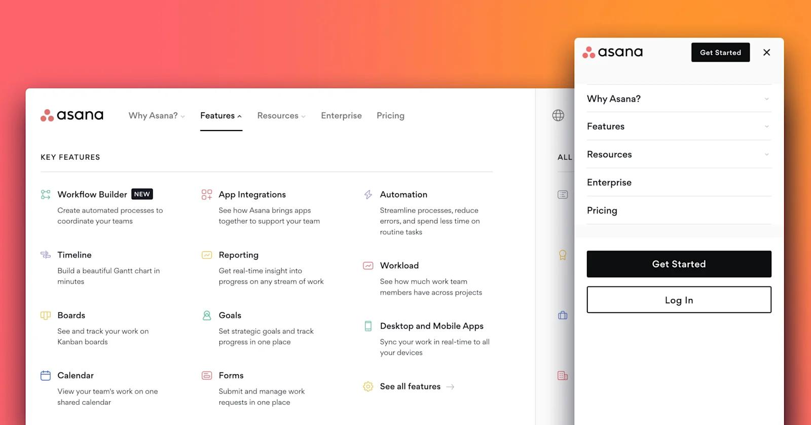 The Asana navigation bar on both desktop and mobile view, with an orange gradient backdrop.