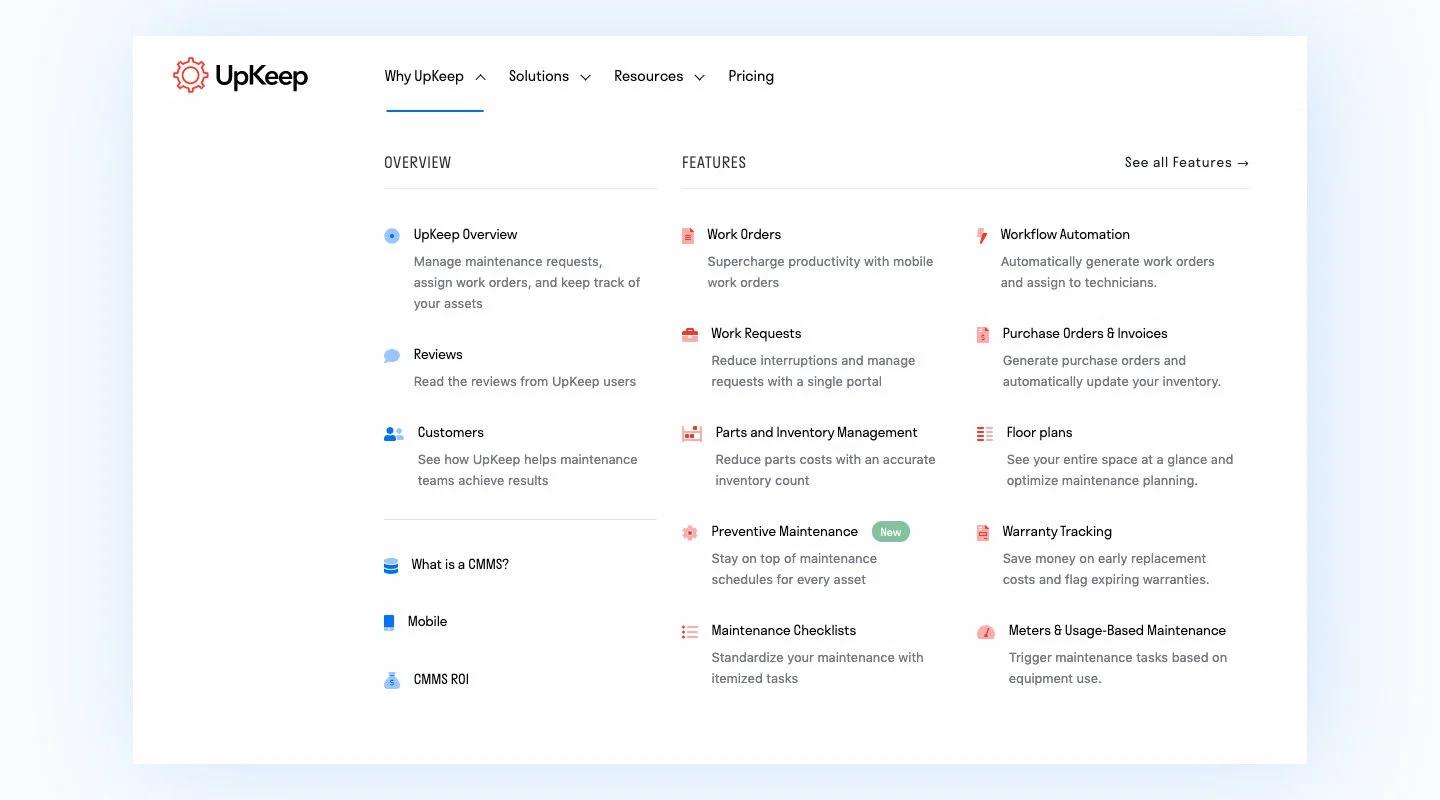 UpKeep mega menu, UX design
