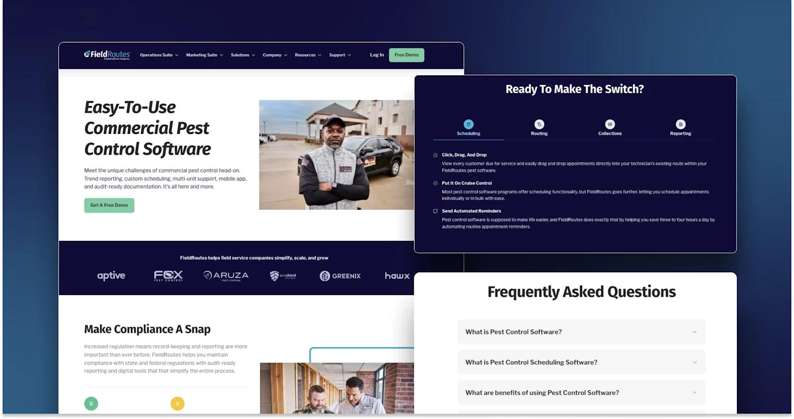 A screenshot of FieldRoute's solutions web page.