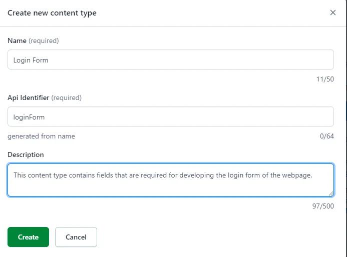 An image showing how a content type is created in Contentful.