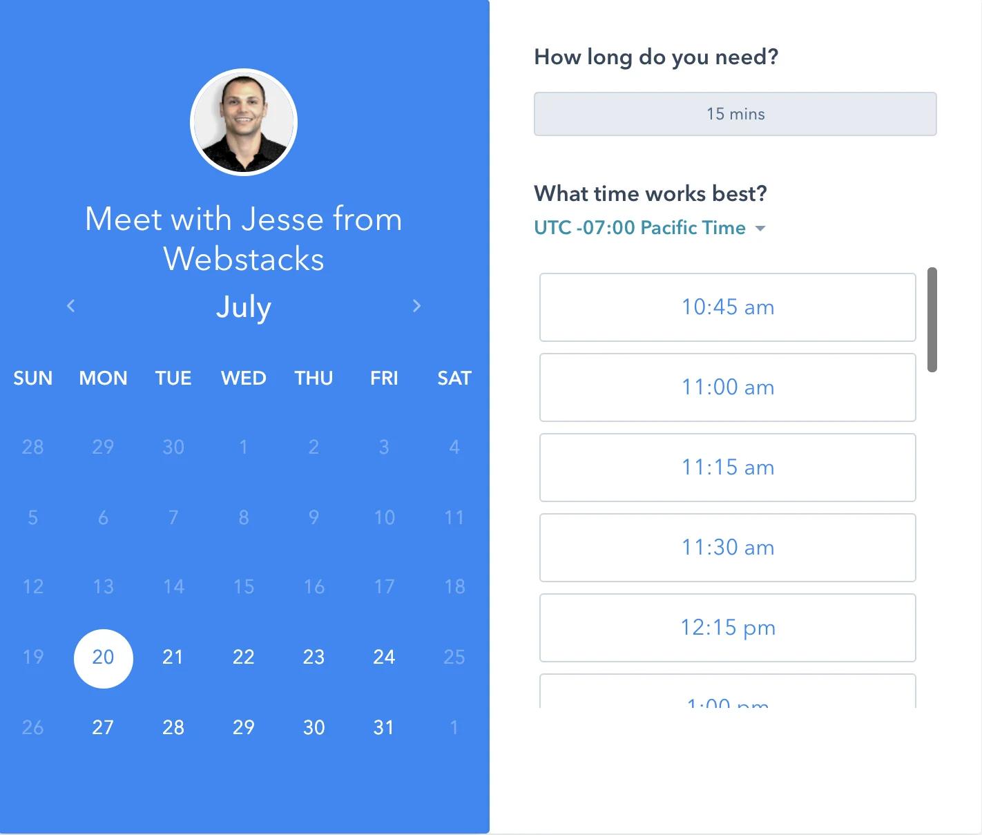 Webstacks meetings link on HubSpot.