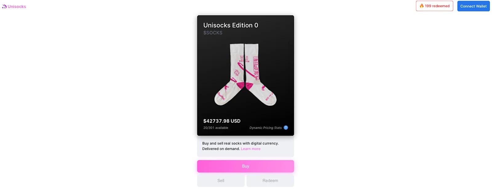 A screenshot of the Unisocks landing page, showing the Edition 0 NFT price at $42,737.