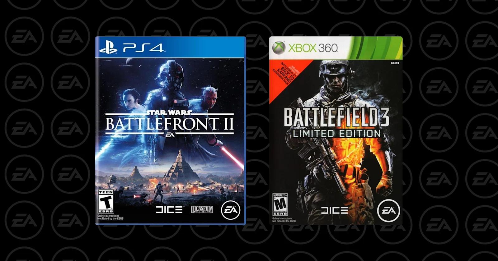 PS4 Star Wars Battlefront and Xbox 360 Battlefield 3 video game covers.
