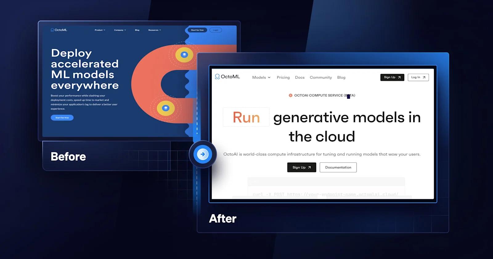 A before and after of OctoML's homepage.