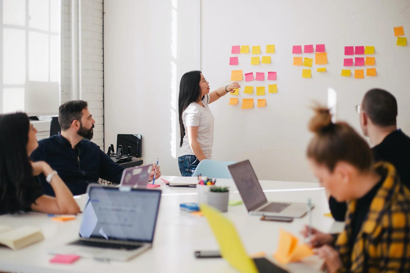 An image of a marketing team strategizing on a white board.