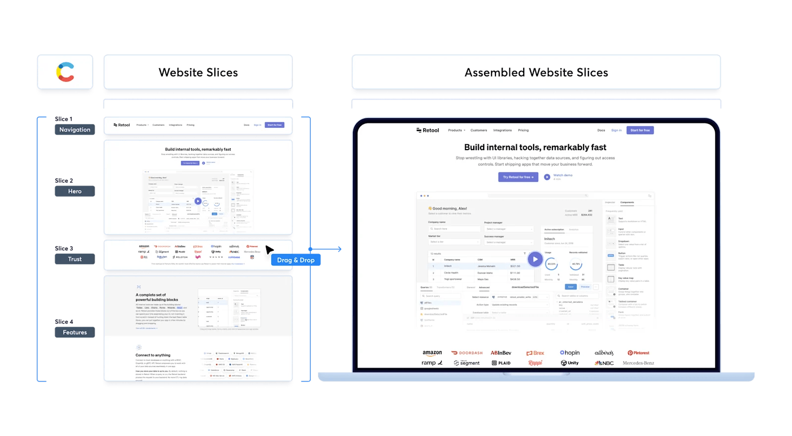 Retool's homepage is broken up into modular website components.