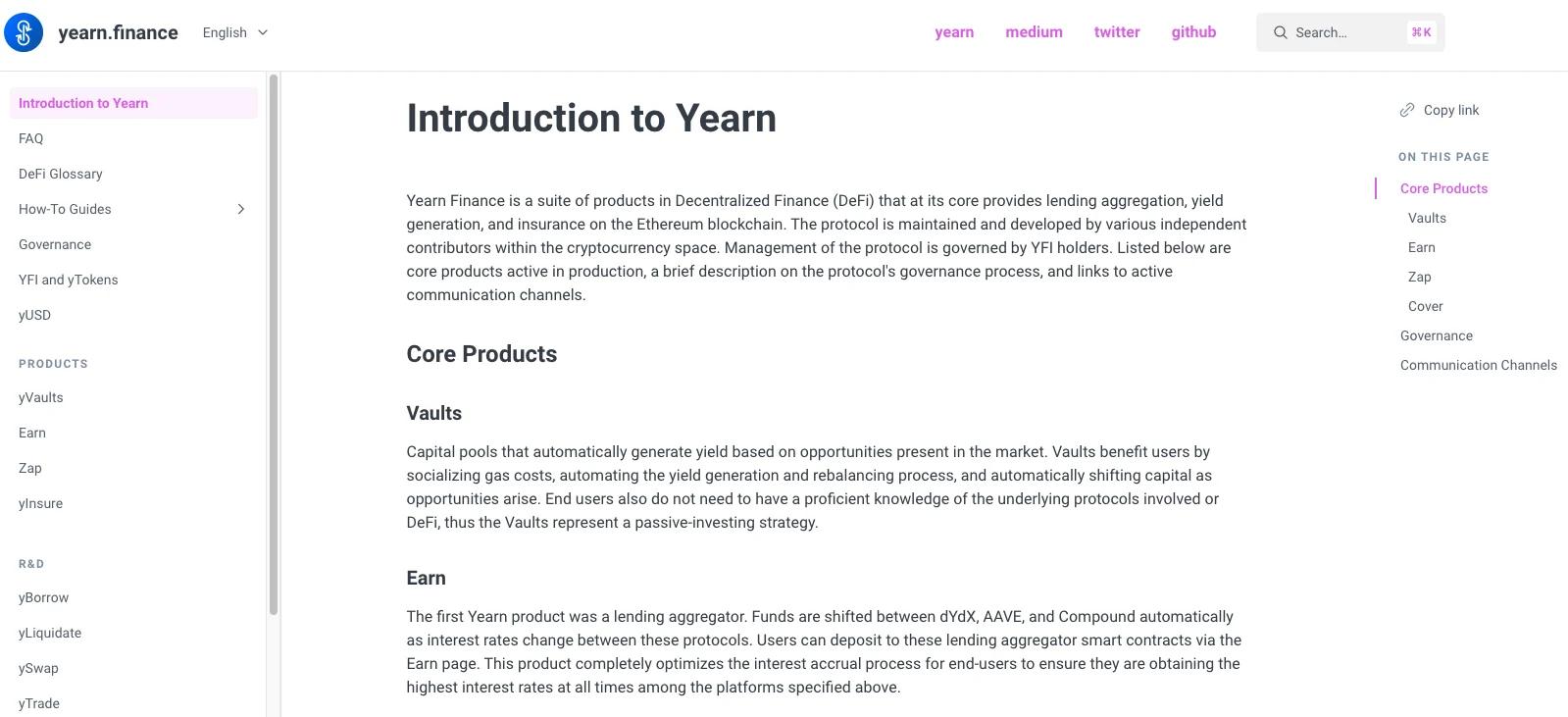 A screenshot of Yearn Finance's Github documentation.