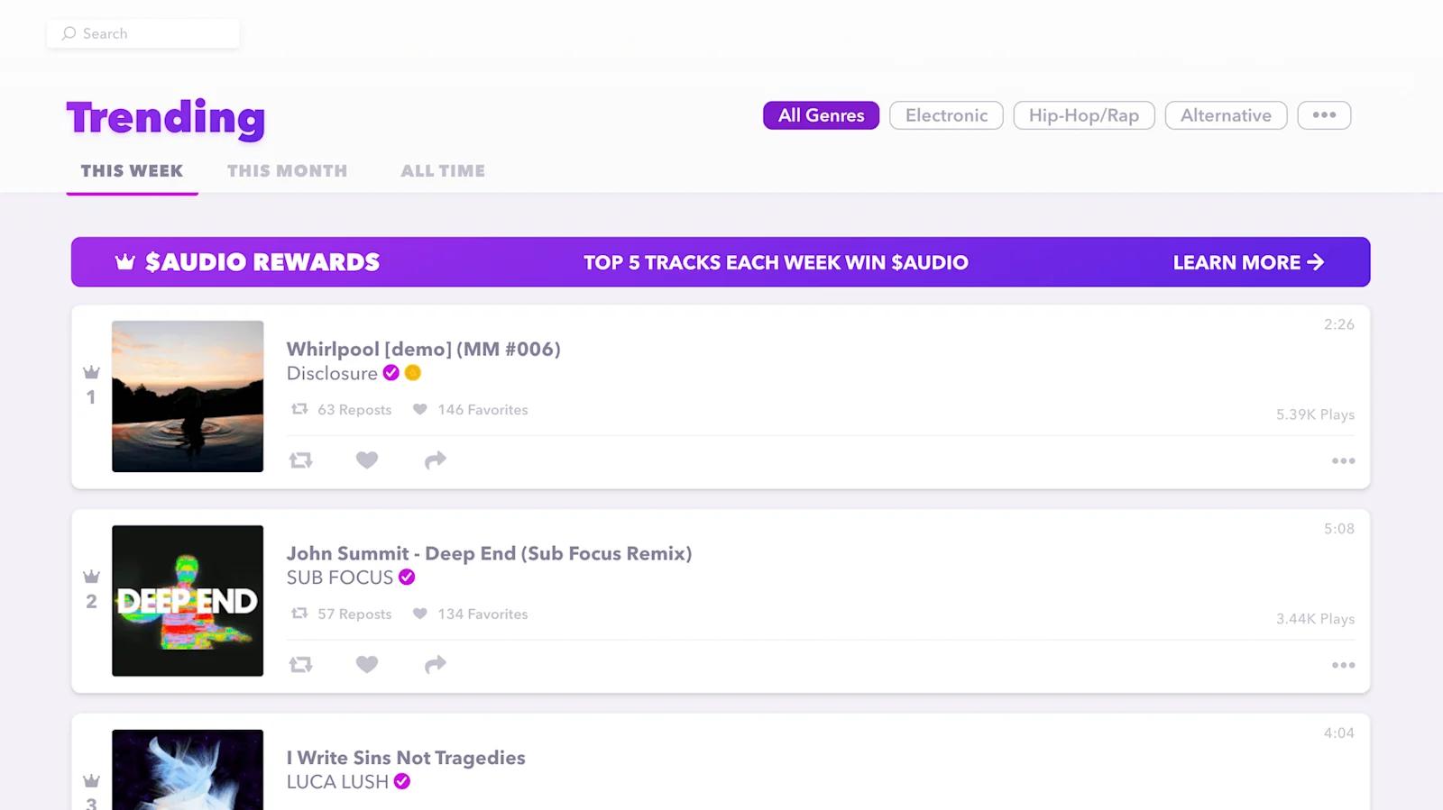 Decentralized music streaming application interface design example from Audius.