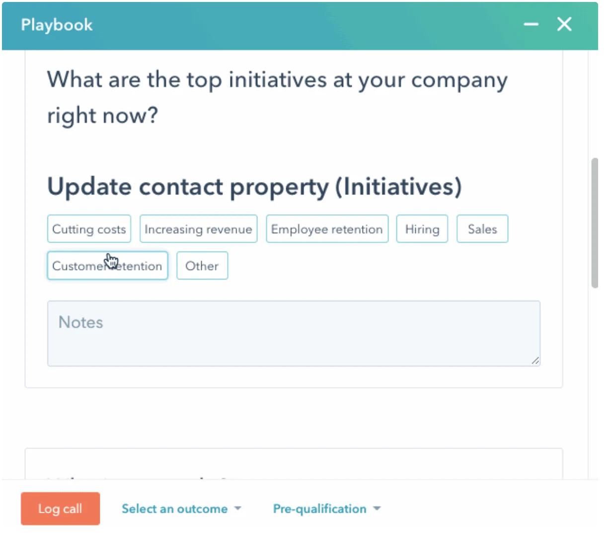 Sales development playbook template example of HubSpot's interactive content cards where you can choose contact properties based on client goals.