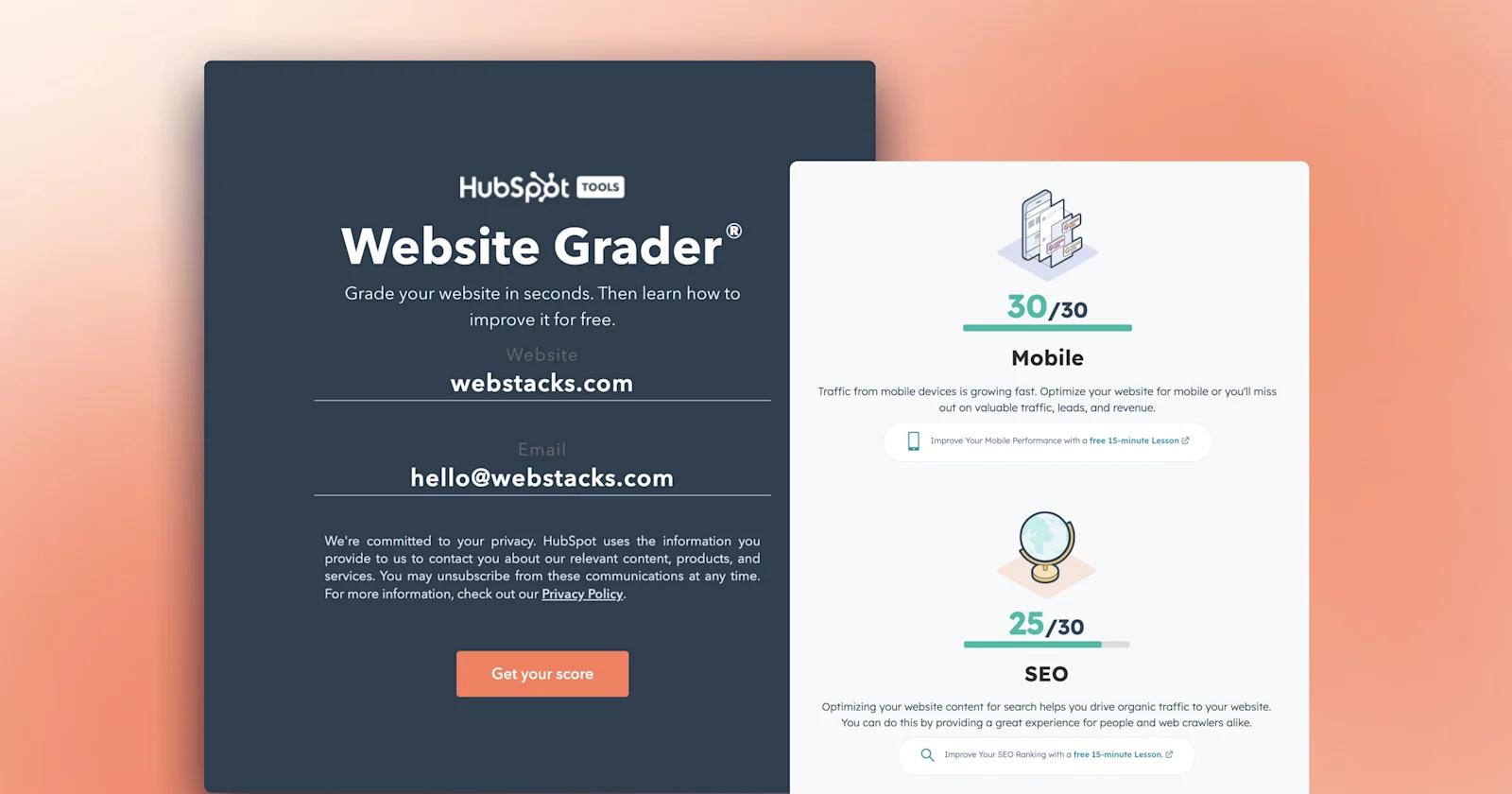 The Hubspot Website Calculator with data from the Webstacks website, showing the mobile and SEO performance metrics.