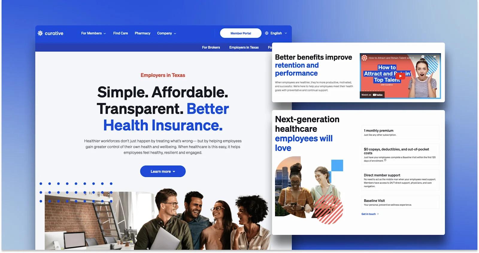 Curative's partner page, featuring the hero and two other components.