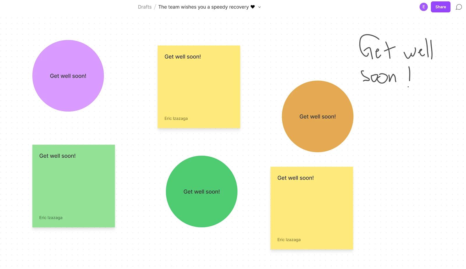 An image of a get well soon board created with Figma's new feature, Fig Jam.