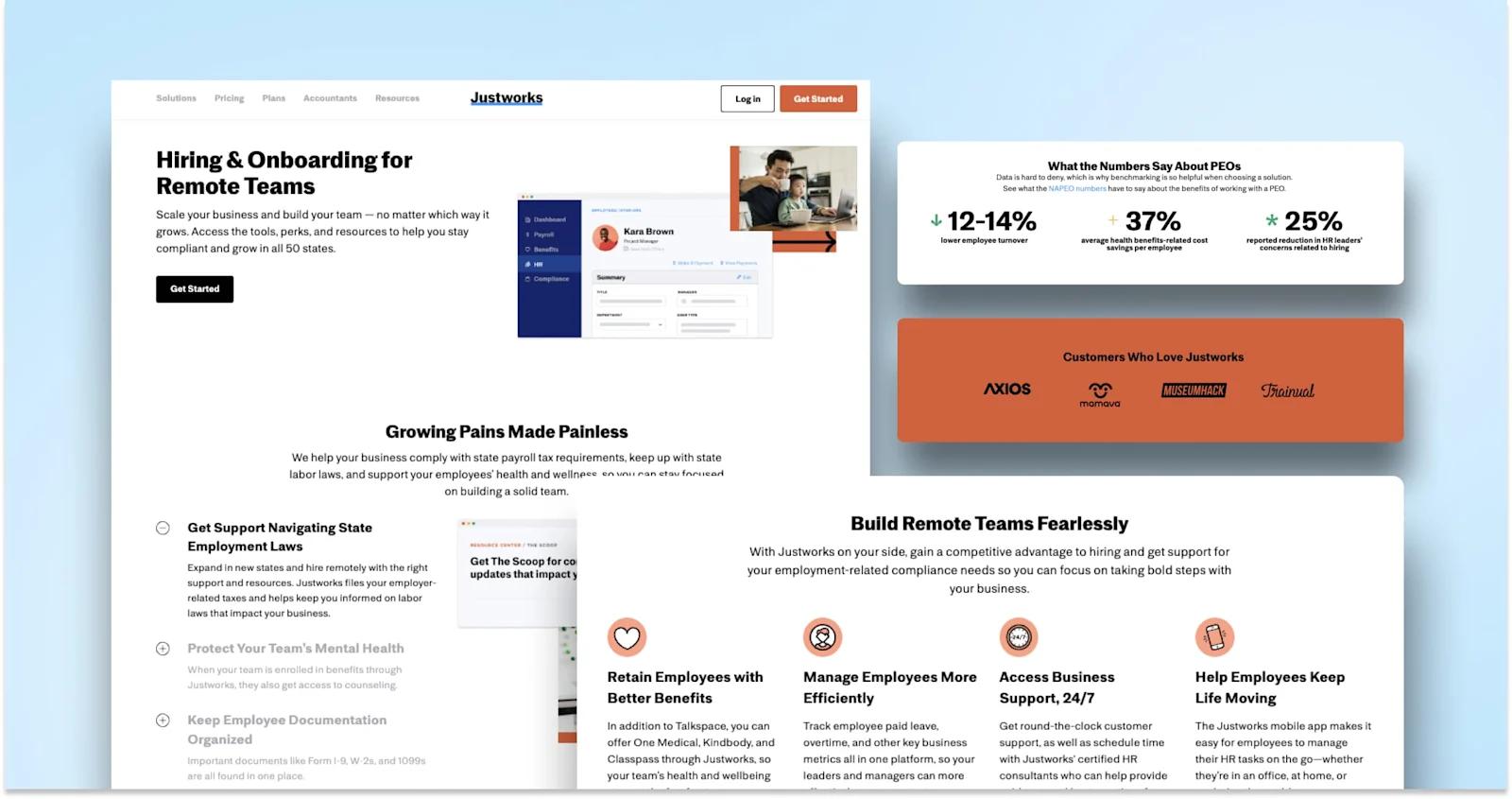 A screenshot of Justworks' solutions page's components.