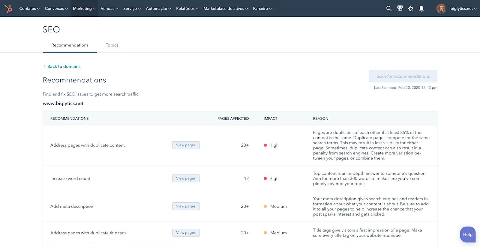 An image of HubSpot's SEO tool showing suggestions for website optimization.