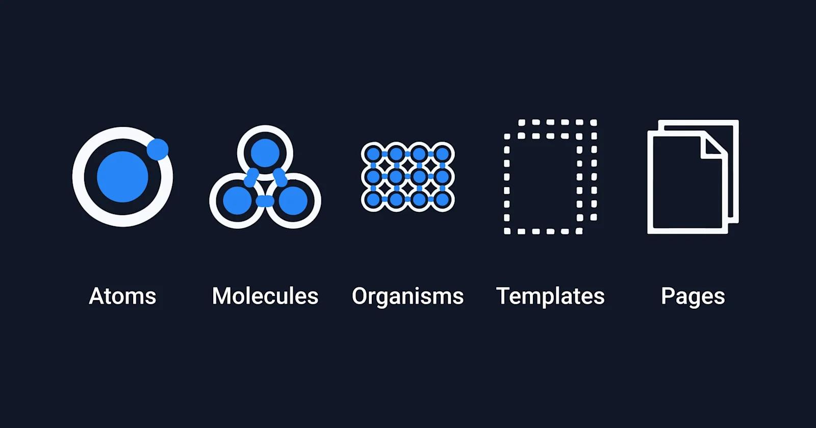 An image showing symbols for atomic web design atoms, molecules, organisms, templates, and pages.