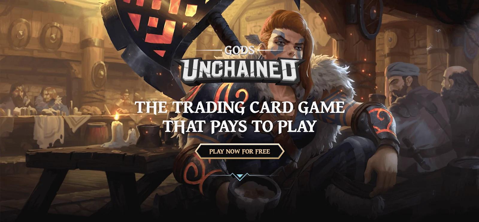 Blockchain video game website design example from God's Unchained, a play-to-earn game built by the creators of Magic The Gathering.