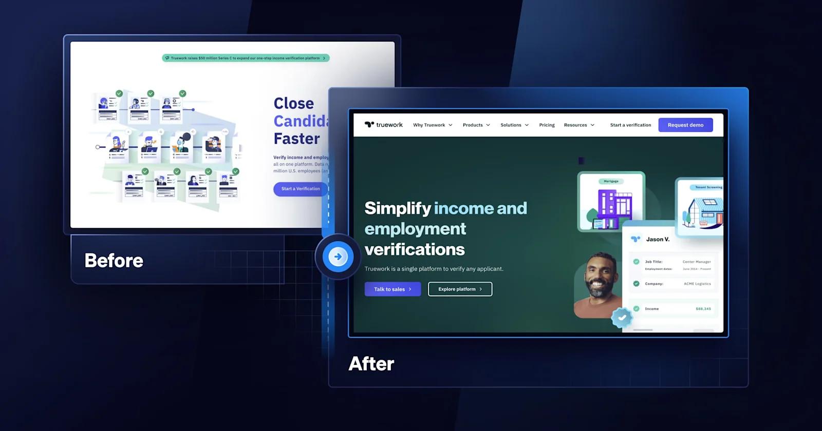 A before and after of the Truework homepage.