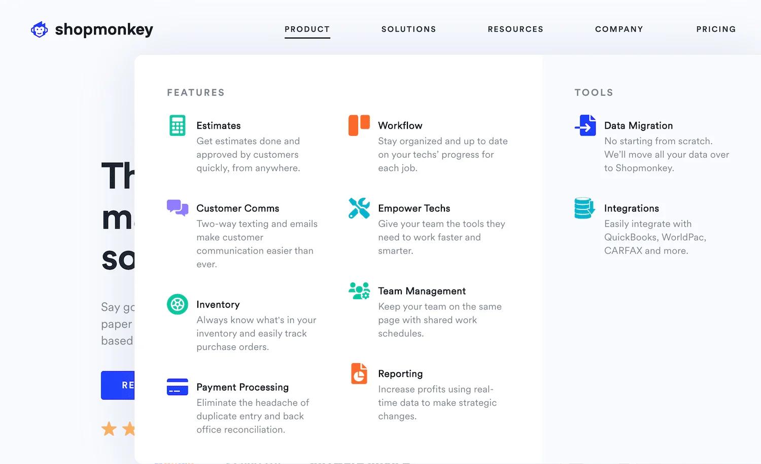 Shopmonkey uses branded icons and a mega menu to easily display their product features, improving navigation for first-time and returning customers.