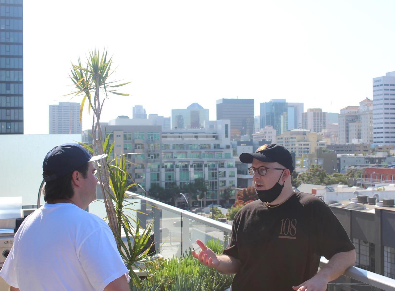 Joe DeSoto and Brady Werkheiser on a rooftop in Downtown San Diego