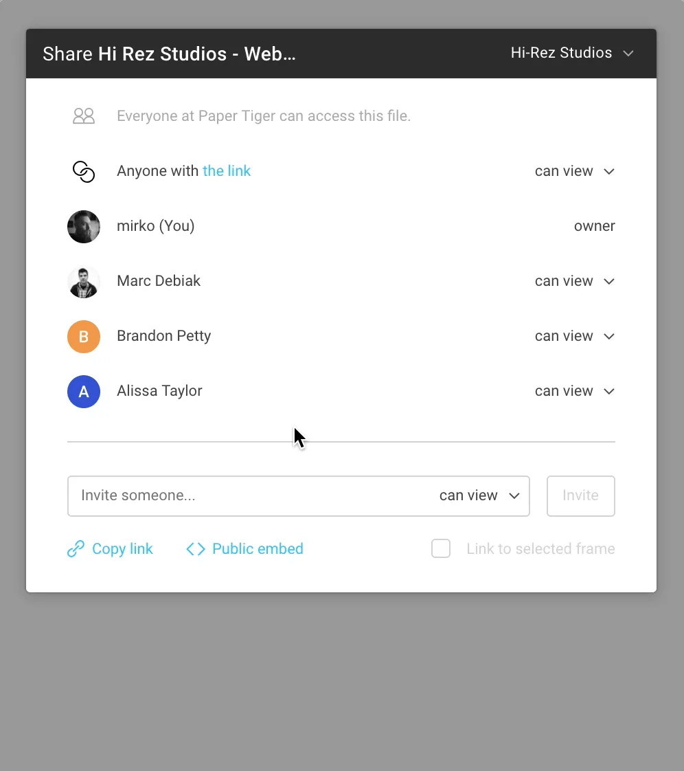 A GIF showing how multiple users can receive access to a design file in Figma.