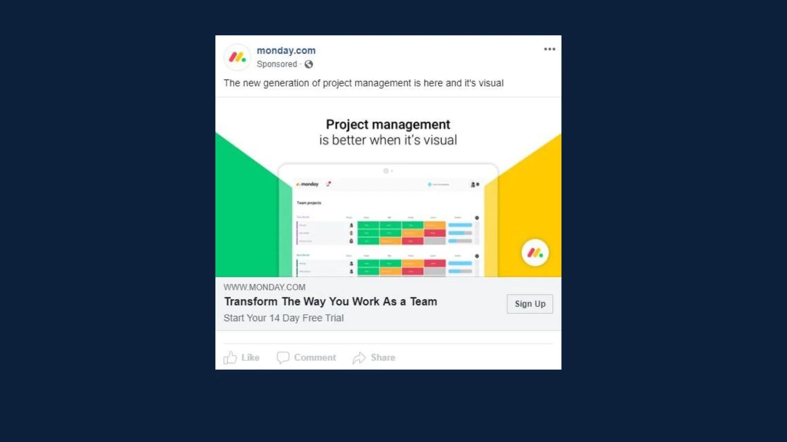 A screenshot of a Monday.com Facebook ad.