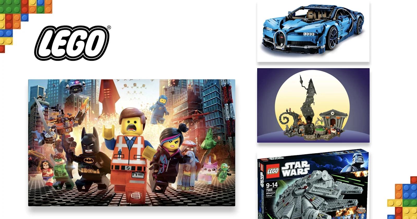 Lego illustrations for Star Wars, Bugatti and Nightmare Before Christmas lego sets.