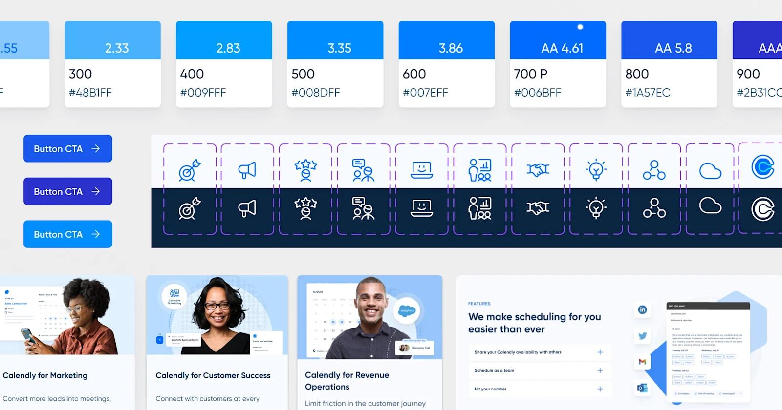 The calendly illustration system, showcasing, colors, shapes, and imagery.