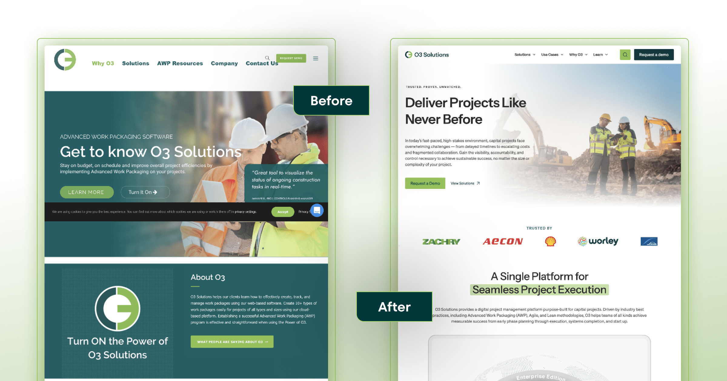 A before and after comparison of the O3 homepage.