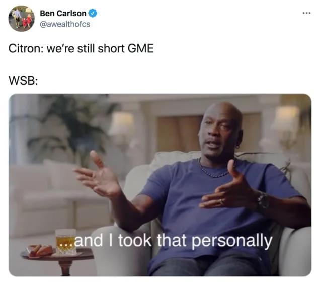 Michael Jordan meme with Wall Street Bets, Gamestop, and Hedge Funds meme stock reference