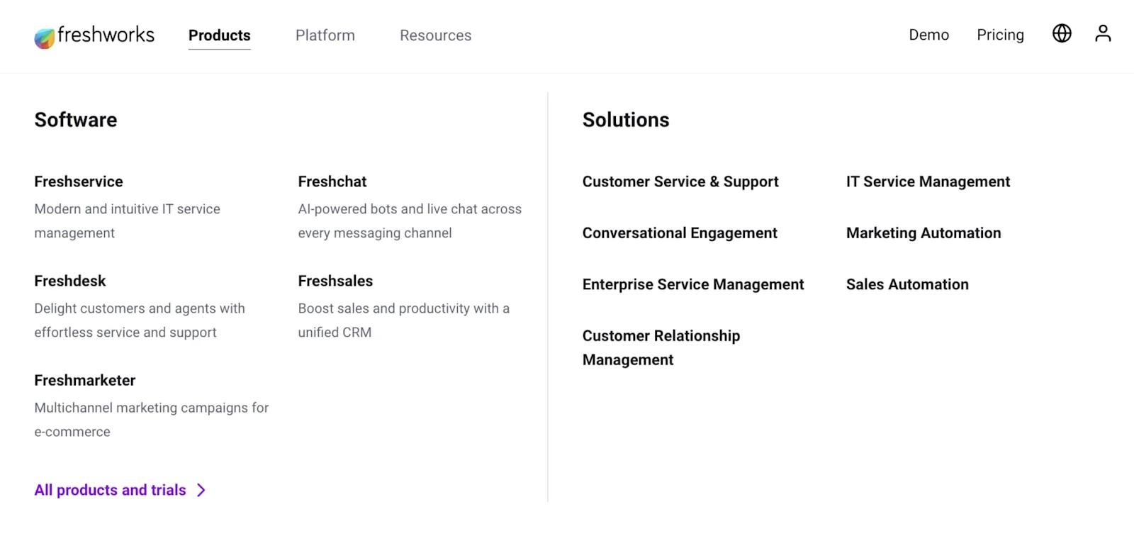 A screenshot of Freshworks' solutions mega menu.